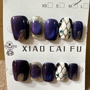 Purple Cat Eye Press On Nails Medium Snake Scale Gold 3D Gel Art 10pc